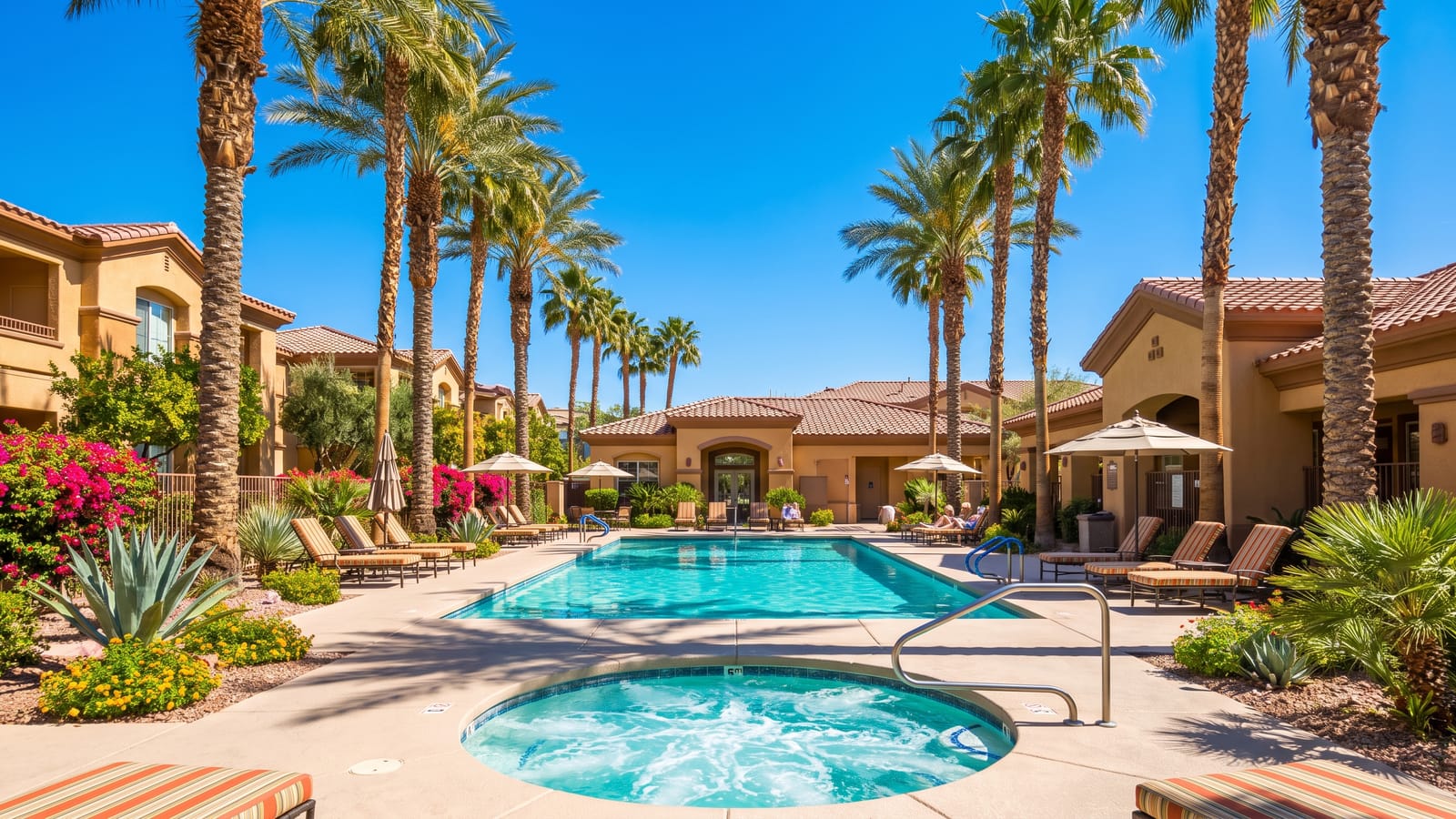 Resort-style community swimming pool and spa courtyard with palm trees at a gated Las Vegas condominium community