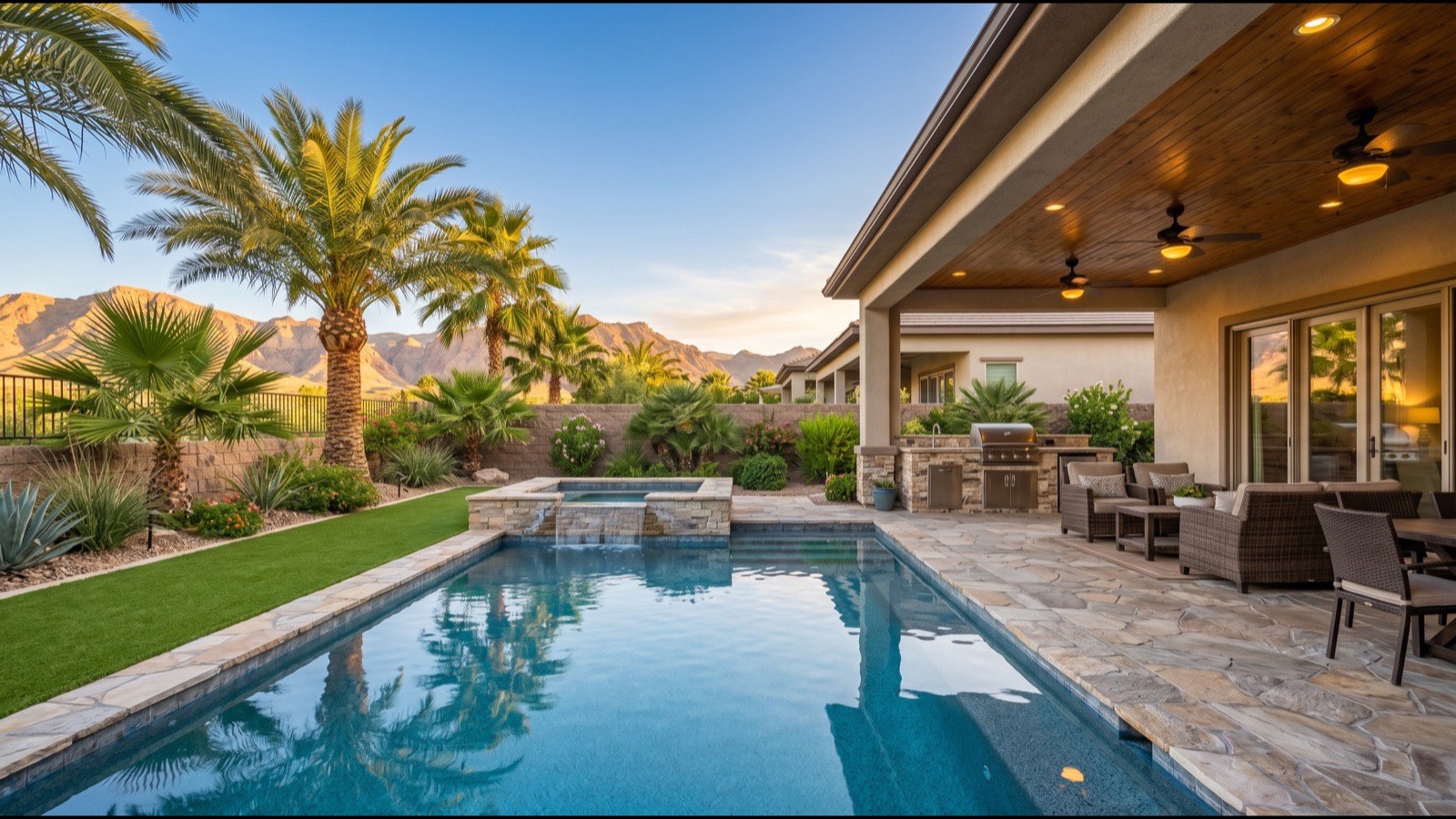 Backyard pool and covered patio at a Las Vegas home, the outdoor living that every warm-weather city sells and Nevada powers at 13 cents per kilowatt-hour