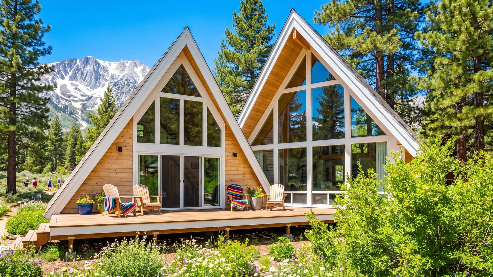 Modern A-frame mountain cabin vacation rental with Sierra Nevada peaks behind it, the classic Washoe County Tahoe-area short-term rental property