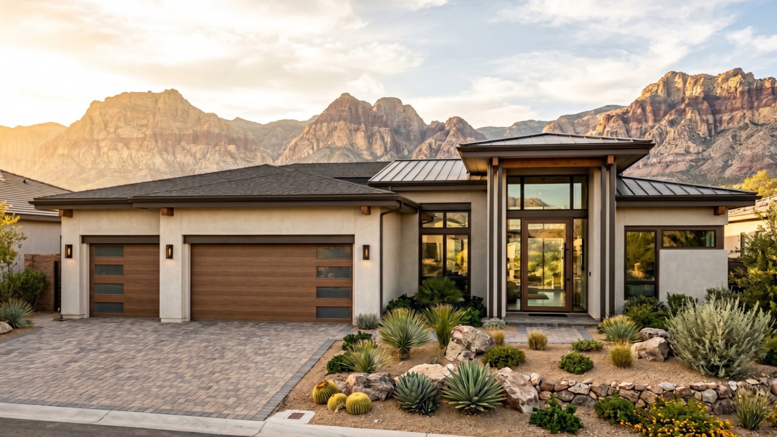 Front elevation of a new two-story stucco home in Summerlin with desert landscaping and a paver driveway