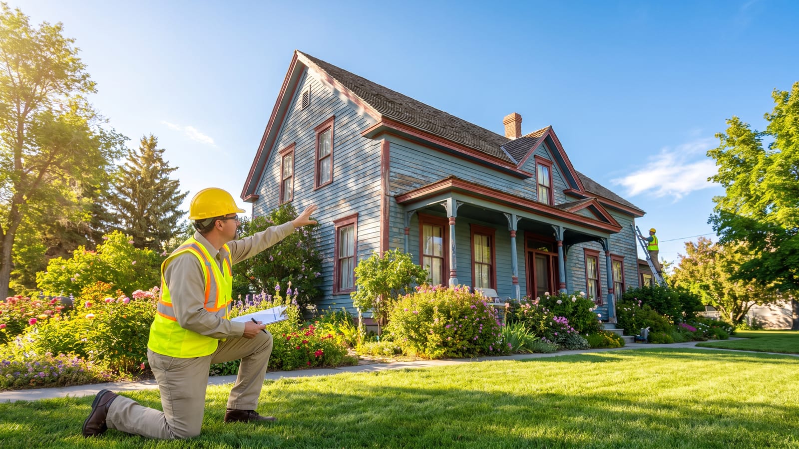 Home inspector examining the roof of an older Northern Nevada house, the roof class and condition that decide wildfire insurability and premium in 2026